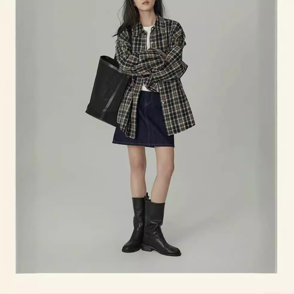 复古百搭休闲微宽松黑咖色织格纹衬衫-阿里巴巴