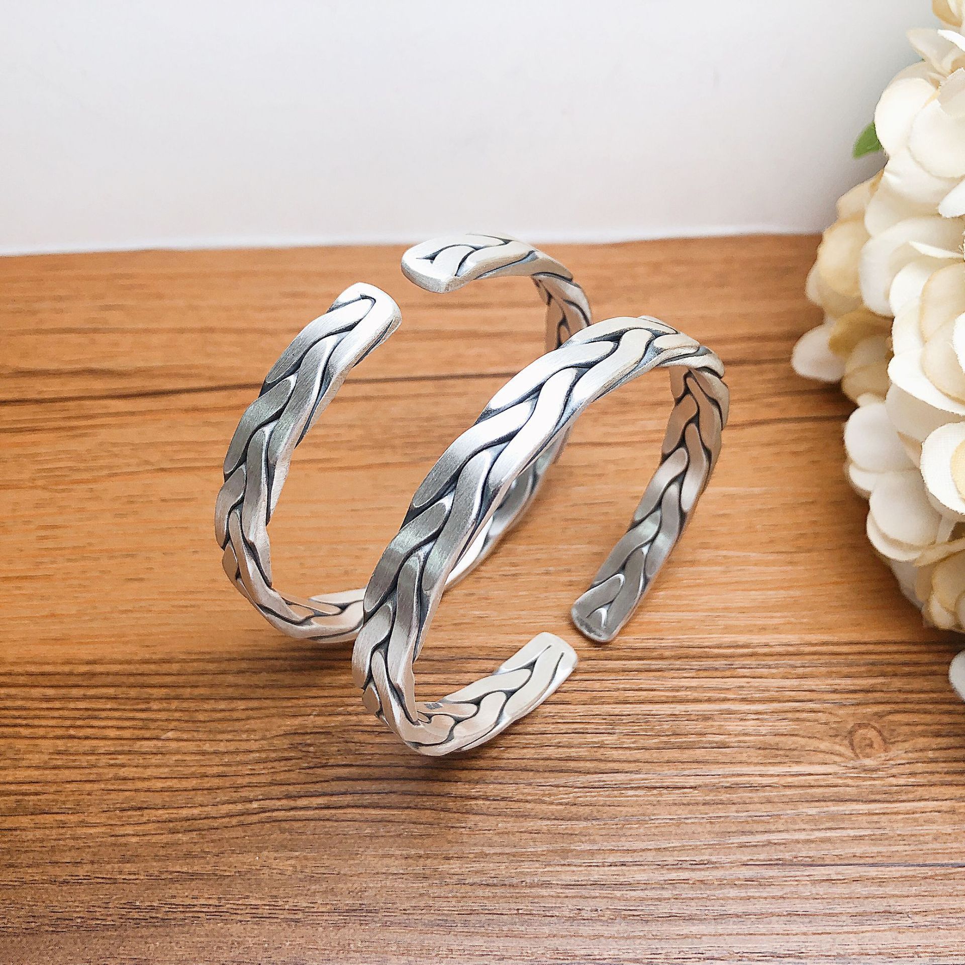 福氏足银999时尚复古哑光亮面做旧编织情侣纯银开口手镯生日礼物