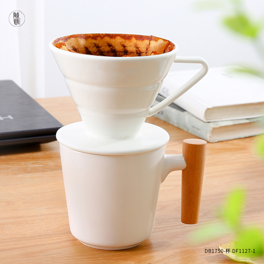 陶瓷咖啡过滤器手冲杯家用木把手咖啡杯定制logo咖啡漏斗过滤杯