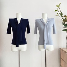 韩系V领短袖针织衫女2024新款气质夏收腰显瘦短款系带上衣