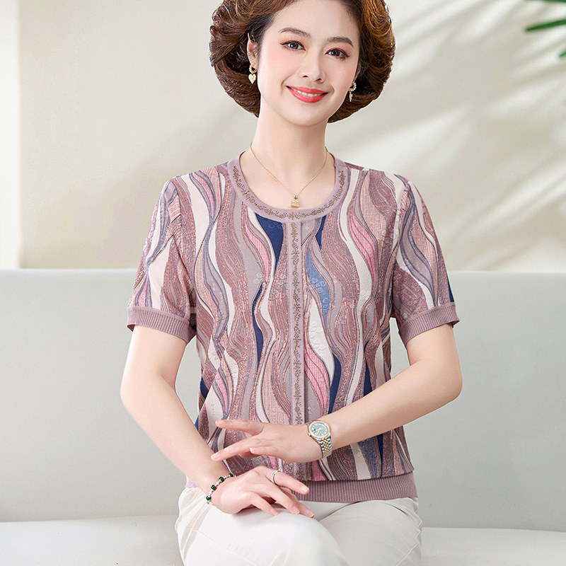 Mom Summer Clothes Western Style Slimming Thin Ice Silk Shirt Middle-Aged and Elderly Loose Short-Sleeved T-shirt 40-50 Years Old Fashion Tops