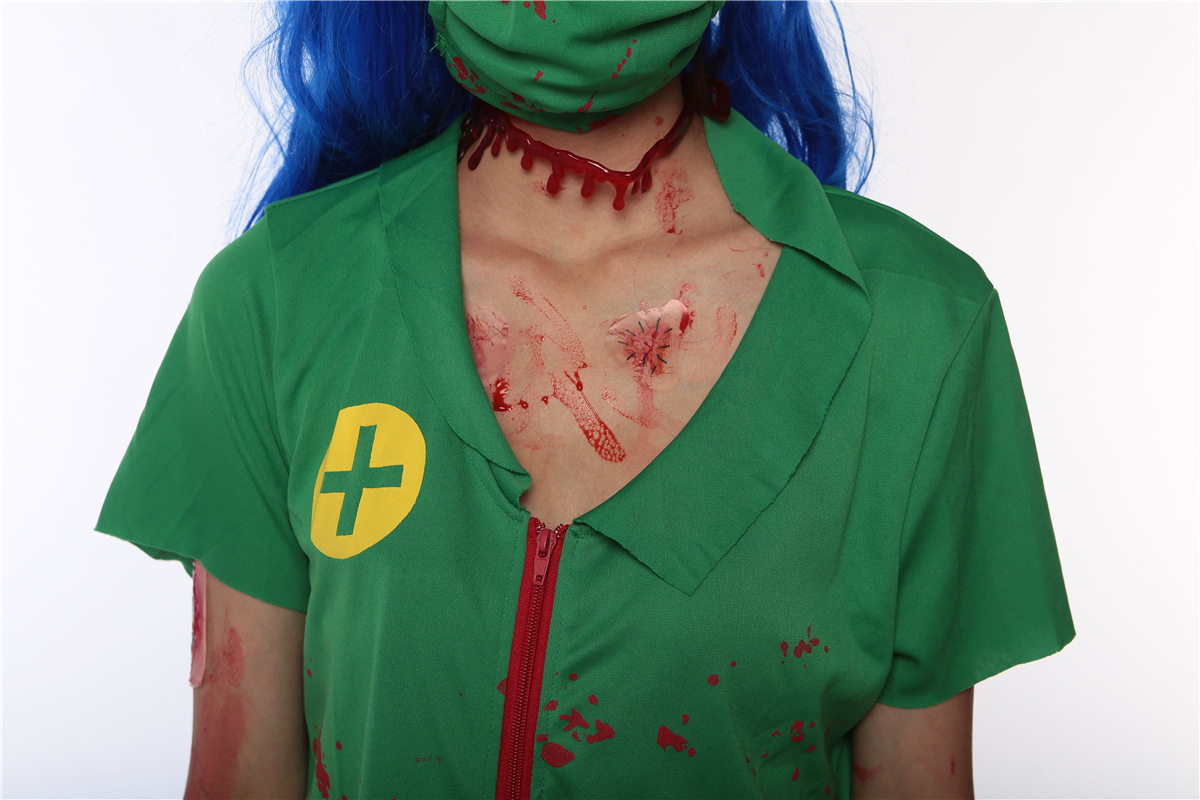 万圣节cos服装绿色恐怖血迹女护士服 僵尸医生舞台表演出派对服装