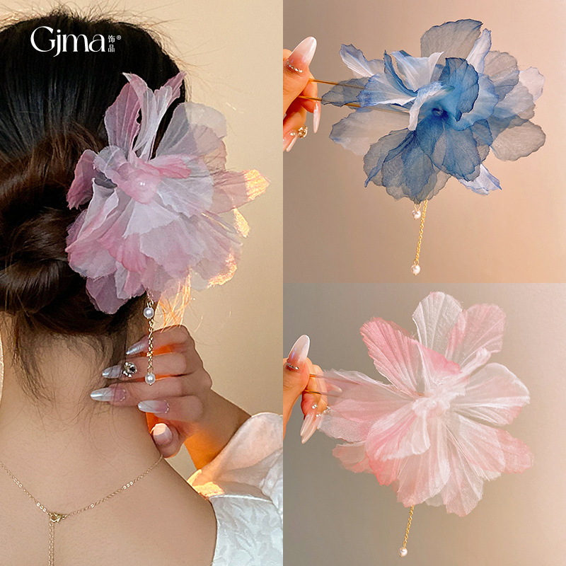 New Chinese Style Sweet Pearl Tassel Flowers Hairpin Ancient Style Elegant Updo Hair Clasp Fashion Trendy Hair Accessories Wholesale for Women