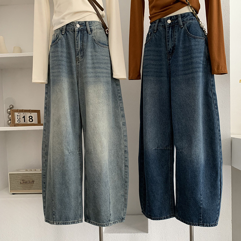 欧玛莱 2025秋冬新款韩版复古水洗高腰显瘦弯刀裤宽松牛仔裤 5123