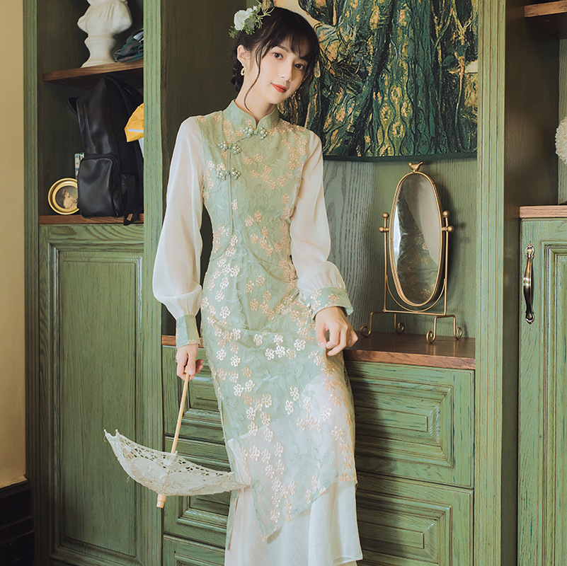 民国风复古女装中式旗袍年轻款少女日常网纱刺绣旗袍改良版连衣裙