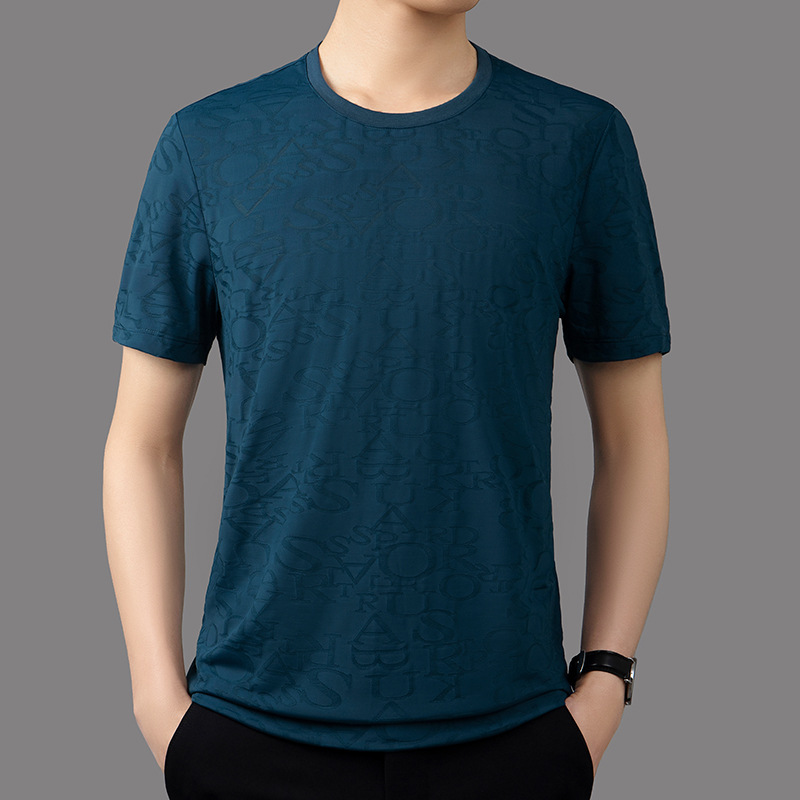 2022新款夏季品牌短袖t恤男土桑蚕丝圆领商务休闲中年爸爸装体恤