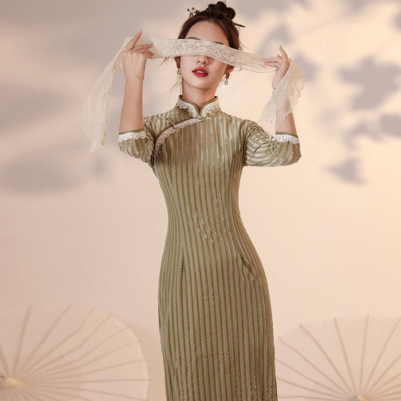 老上海旗袍2021年秋季形体礼仪复古民国风名媛气质条纹旗袍连衣裙