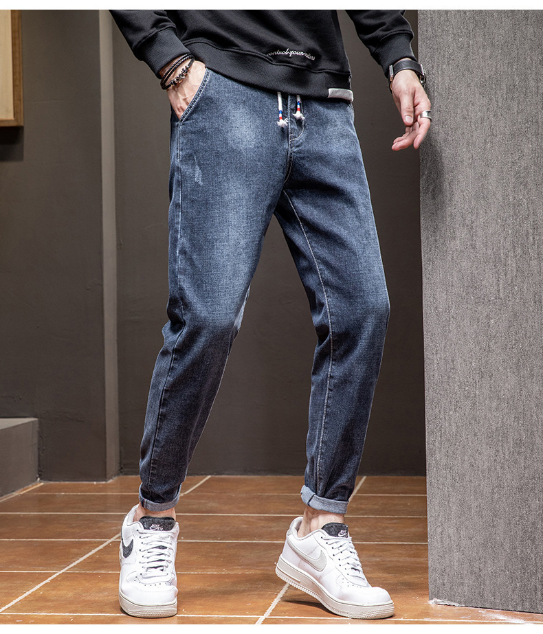 新款松紧腰牛仔裤男士夏季薄款直筒宽松哈伦裤休闲长裤春秋裤子男