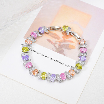 跨境热卖女式镶锆石手链不掉色 欧美时尚女直播粉色手链批发 现货