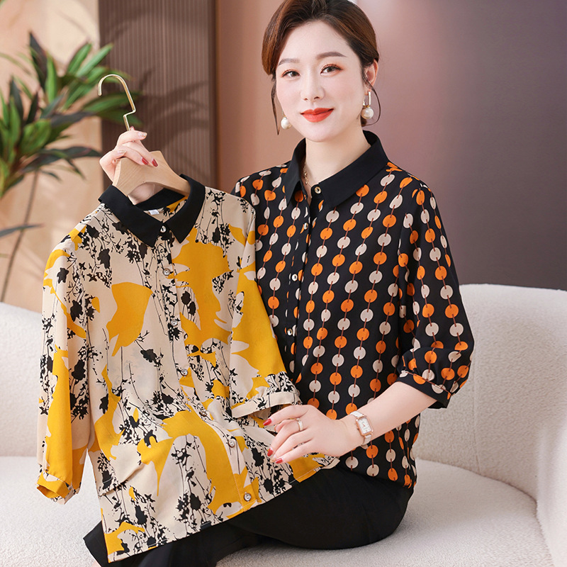 中年妈妈夏季洋气花色时尚雪纺小衫中老年人夏装中袖t恤气质上衣