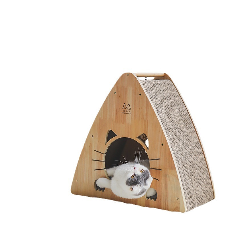 猫窝猫别墅透气帐篷实木瓦楞纸可替换磨爪器两用三角立式猫抓板纳
