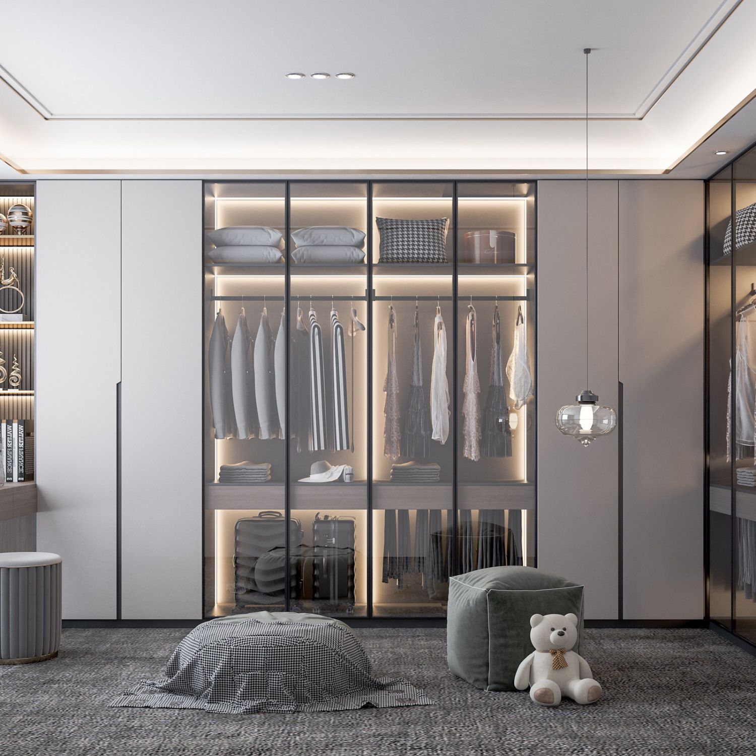 佛山现代整体衣柜设计轻奢衣帽间制作全屋全铝家具平开门卧式衣橱