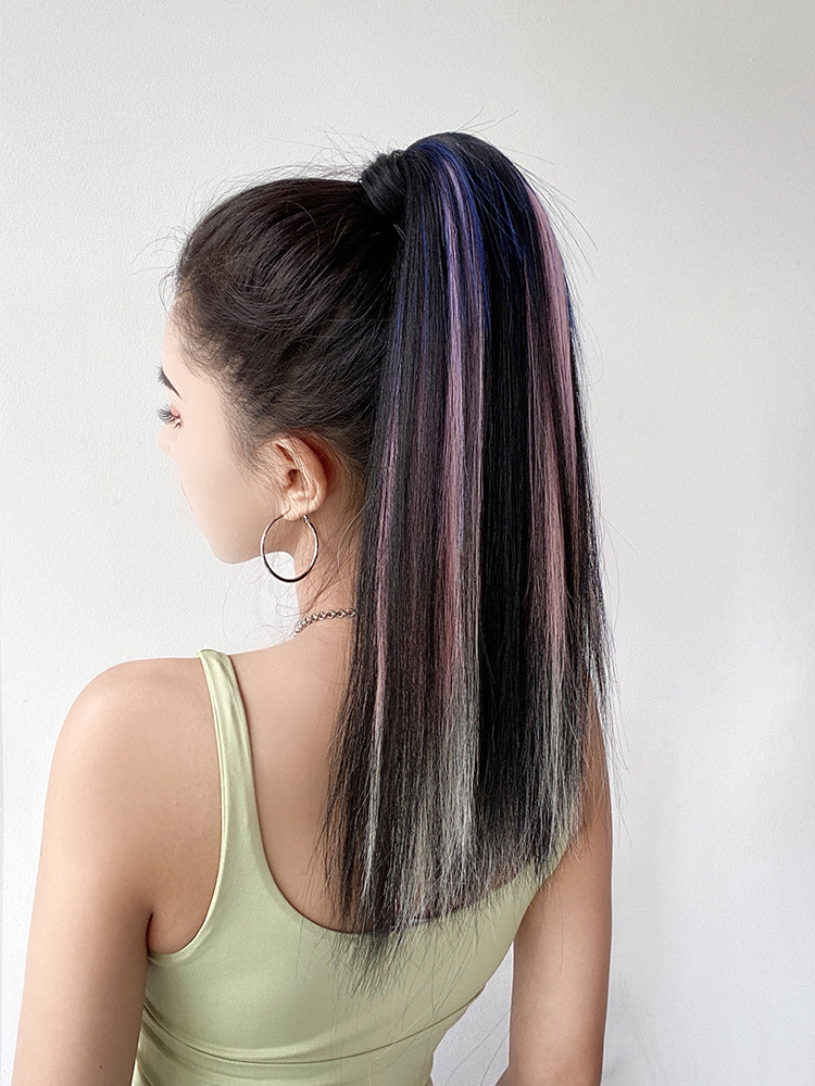 马尾假发女挑染中长发 绑带式魔术贴 自然无痕网红捆绑式直发辫子