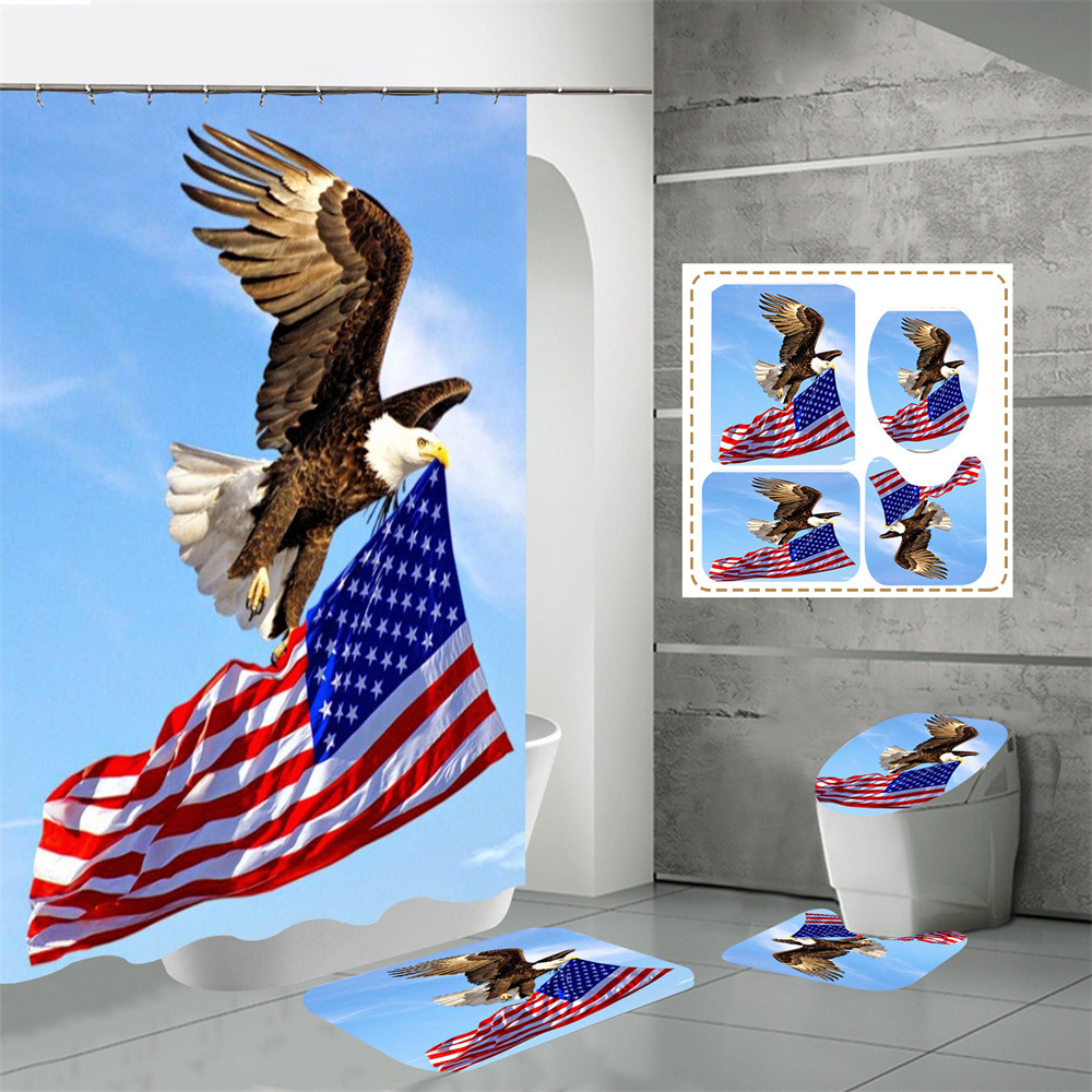 Flag Series Statue of Liberty Digital Printing Shower Curtain Waterproof Polyester Bathroom Decoration Non-Slip Toilet Set