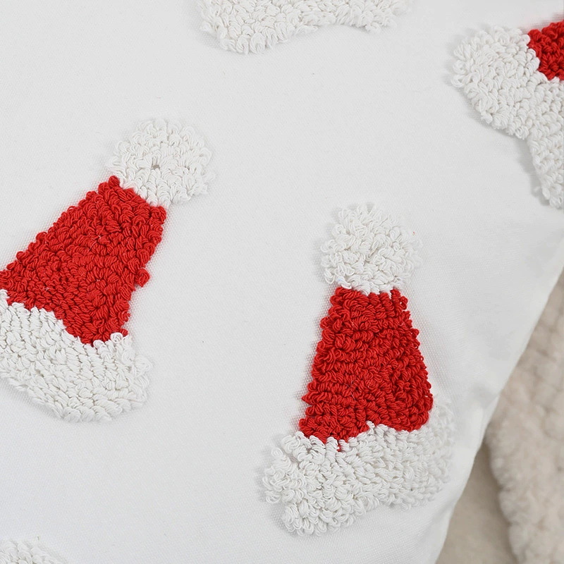 跨境圣诞节刺绣簇绒抱枕 拐棍圣诞帽圈绒 高品质枕套靠垫套不含芯