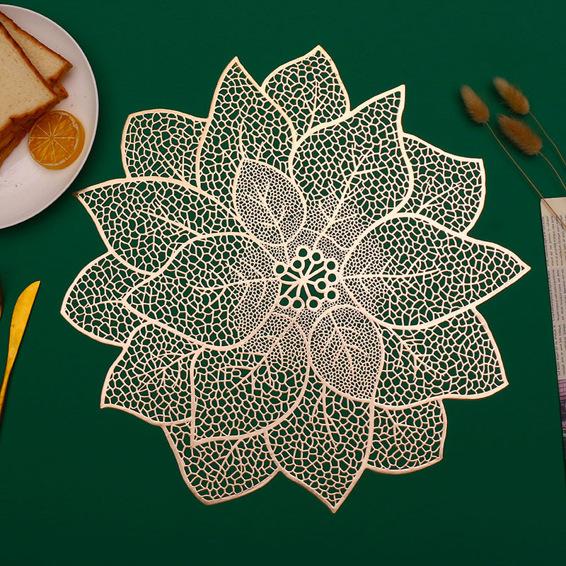 Dining-Table Decoration Pvc Leaves Hollow Gilding Placemat Leaf Pattern Heat Proof Mat Placemat for Western Food