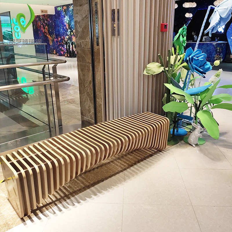 时尚美陈玻璃钢木纹设计休闲长椅户外座椅广场商场摆件休息等候椅