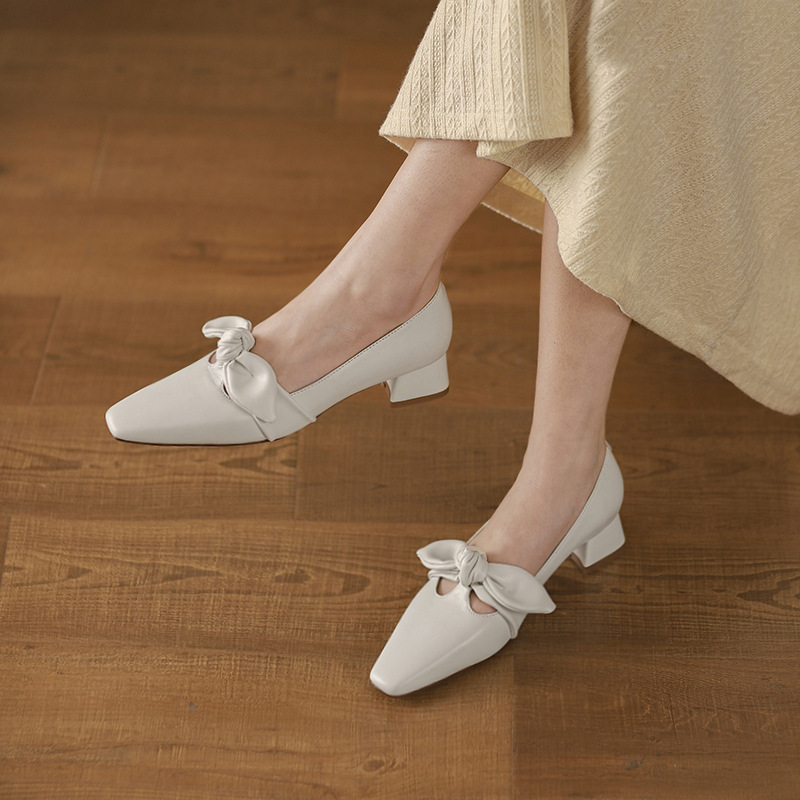 仙女风绑带蝴蝶结浅口女鞋2021春季新款方头真皮单鞋女中粗跟ol鞋