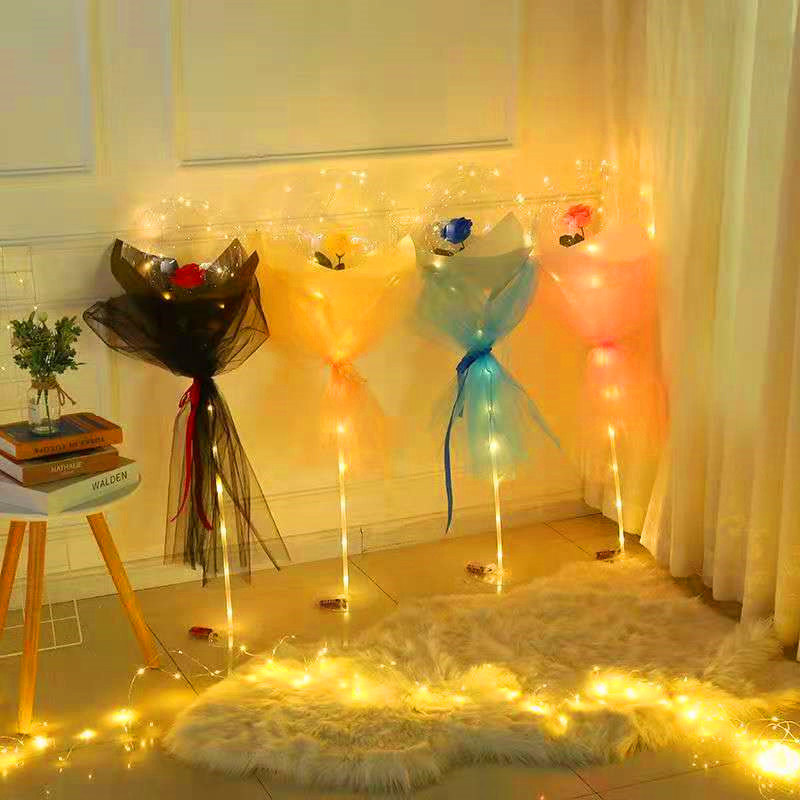 Internet Celebrity Bounce Ball Wholesale Rose Luminous Bouquet Transparent Balloon Valentine's Day Gift Push Stall