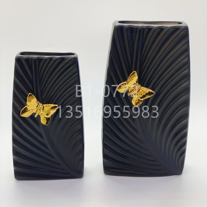 Modern Minimalist Ins Style Matte Black Golden Butterfly Leaf Pattern Vase Ceramic Vase Creative Geometric Flower Flower Container