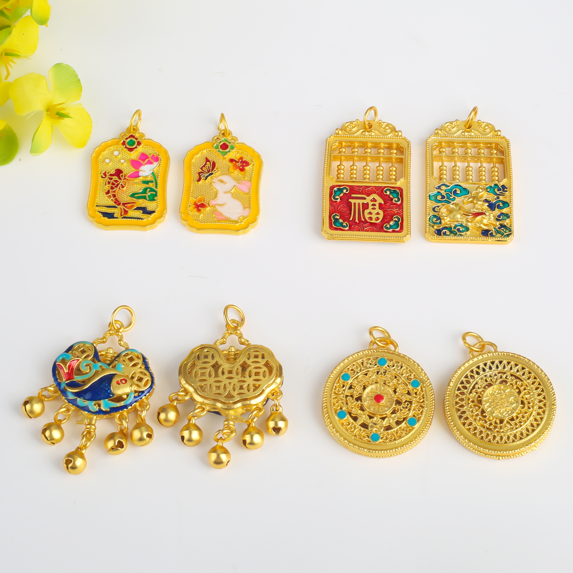 古法烧蓝挂件珐琅彩如意算盘吊坠diy配饰项链毛衣链挂坠沙金配件