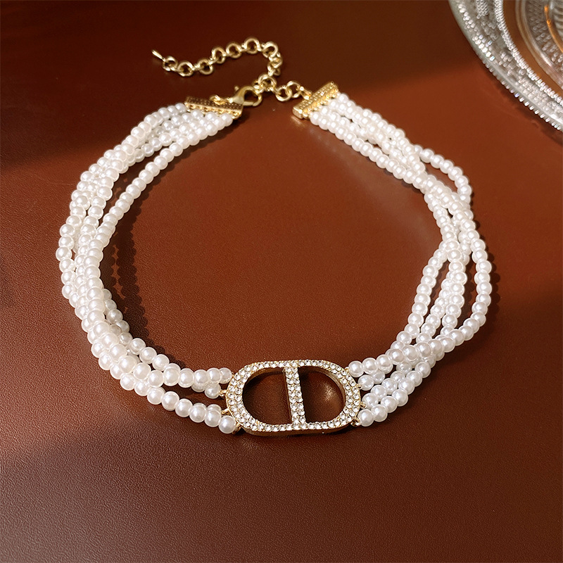 Diamond Letters Pearl Multi-Layer Necklace French Elegance Clavicle Chain Light Luxury High Sense Necklace Female Wholesale