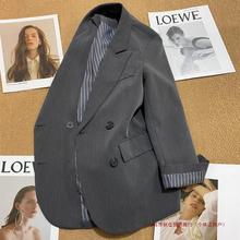 灰色西装外套女2023年秋季新款双排扣休闲百搭设计感潮流气质西服