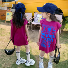 女童夏季字母印花长款T恤中小儿童时尚圆领坎肩休闲连衣裙