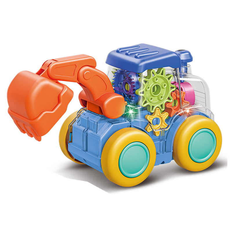 趣味电动炫彩灯光万向关节透明音乐齿轮挖掘推土儿童工程玩具车