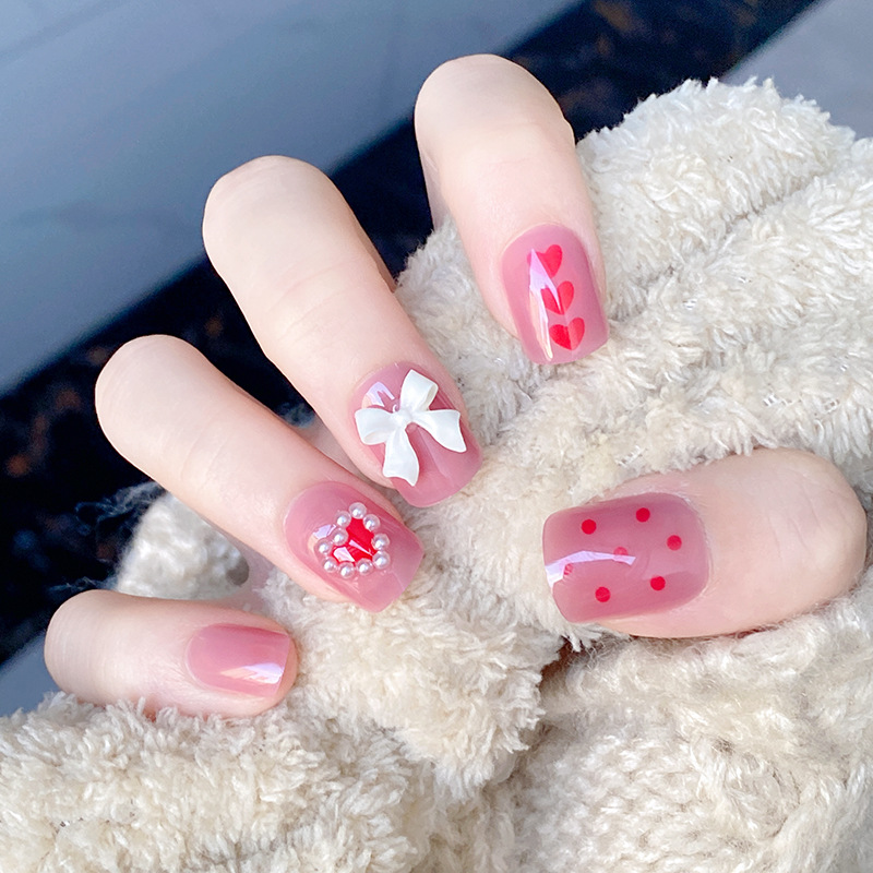 新品网红短款方圆可爱学生粉色美甲贴片 珍珠小熊镶钻穿戴甲成品