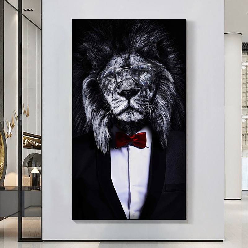西装黑色狮子亚马逊帆布画玄关无框画外贸微喷艺术油画墙壁装饰画