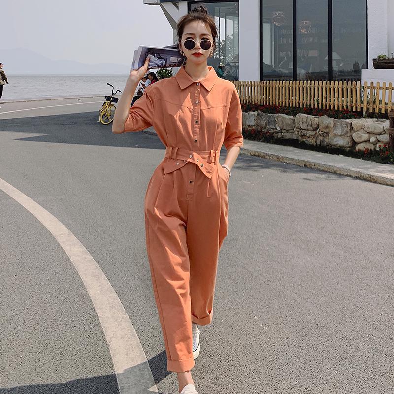 气质减龄橘色工装连体裤女夏2024新款设计感小个子连身衣裤套装潮