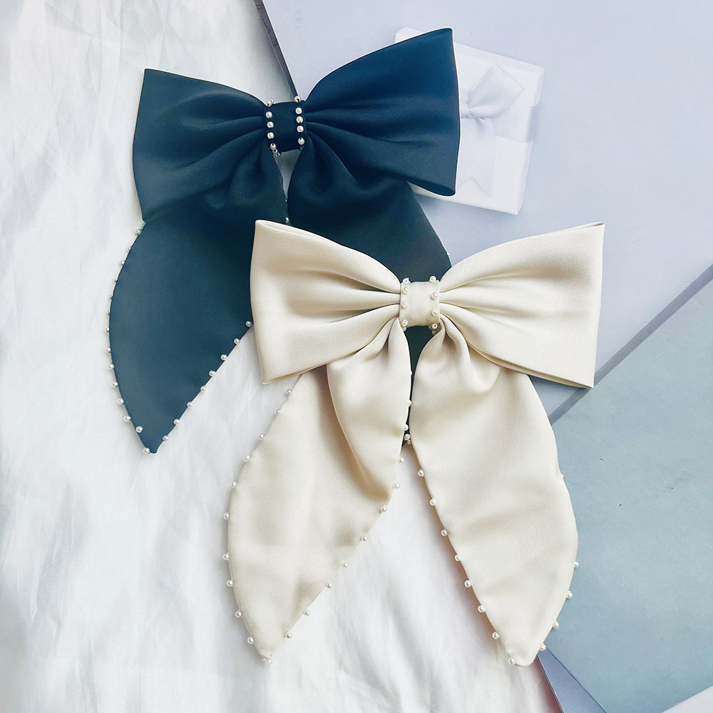 韩版高级感缎面大号蝴蝶结发夹女气质网红布艺飘带珍珠弹簧夹发卡