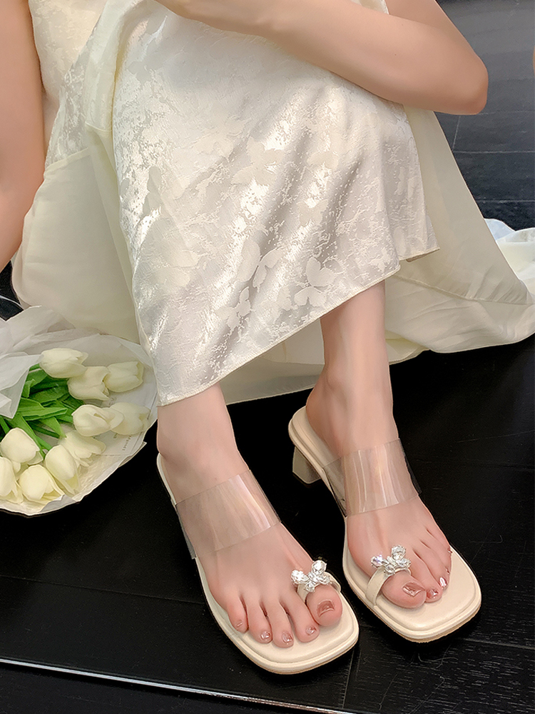 蝴蝶结水钻套趾透明一字带高跟鞋女气质夹脚粗跟仙女凉拖-阿里巴巴