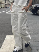 BM风 2023美式复古白色直筒长裤多口袋抽绳工装裤低腰休闲裤女潮