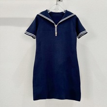 南油高版本 海军领蓝色连衣裙女2024夏季新款显瘦条纹纯欲裙子