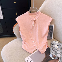 新中式立领无袖T恤女2024夏季新款镂空抽褶收腰短款纯色上衣