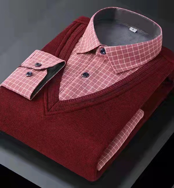 New Men's Shirt Square Collar Plaid All-Matching Fleece-Lined Thickened Thermal Knitting Cardigan Long Sleeve False-Two-Piece Shirt Winter