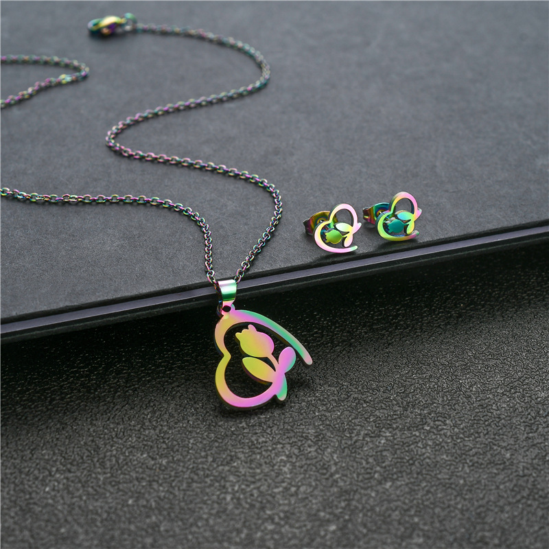 French Heart-Shaped Rose Flower Necklace Clavicle Chain Earings Set Titanium Steel Colorful Fresh Flower Love Chain
