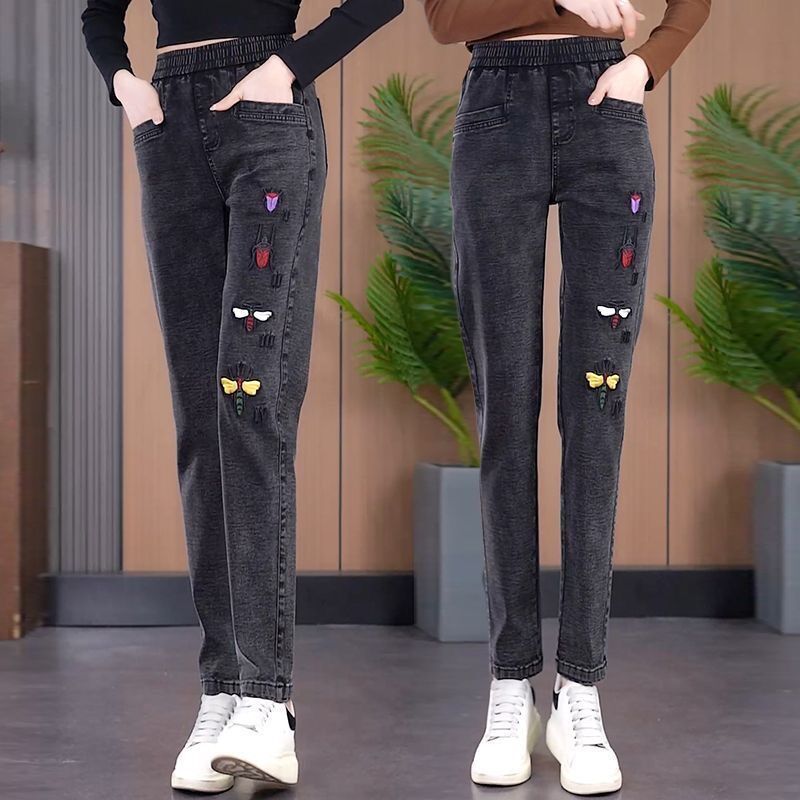 刺绣哈伦牛仔裤女2024春秋新款弹力显瘦直筒裤高腰宽松妈妈小脚裤