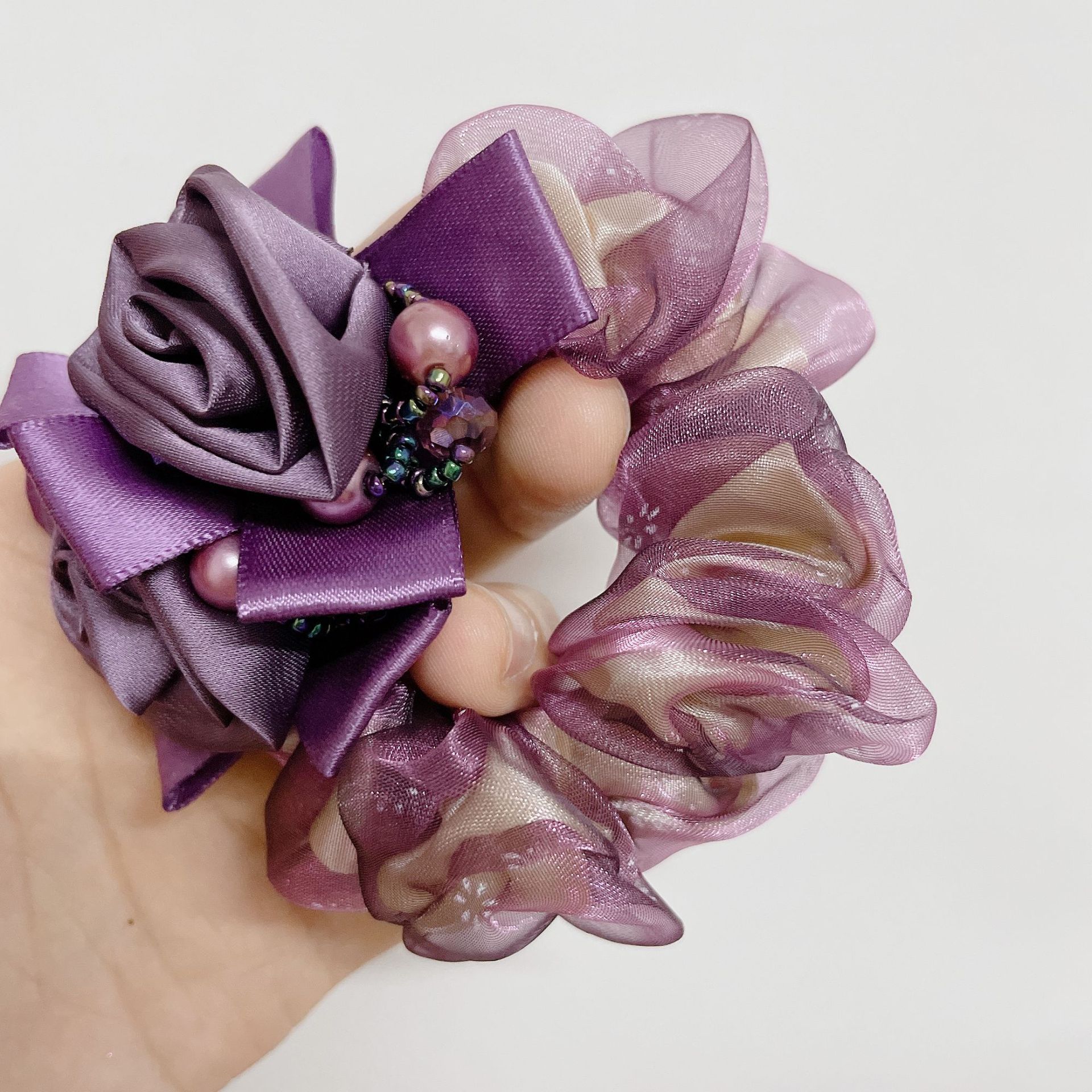 新款雪纺玫瑰花布圈手工串珠复古发饰头圈大肠圈抖音跨境网红头饰