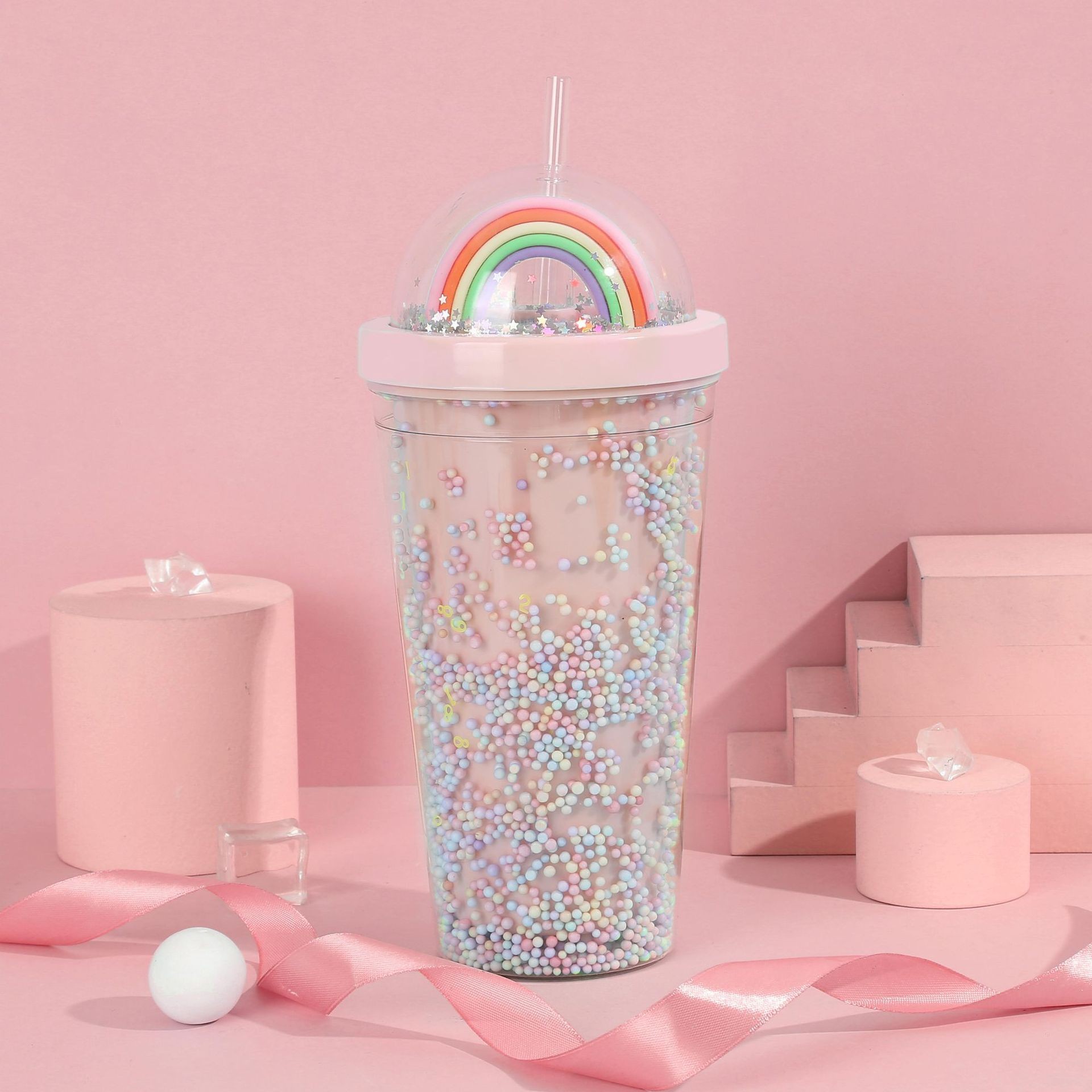 Korean Style Creative Trending Ice Cup Personality Fashion Foam Rainbow Plastic Cup Male and Female Student Couple Straw Cup