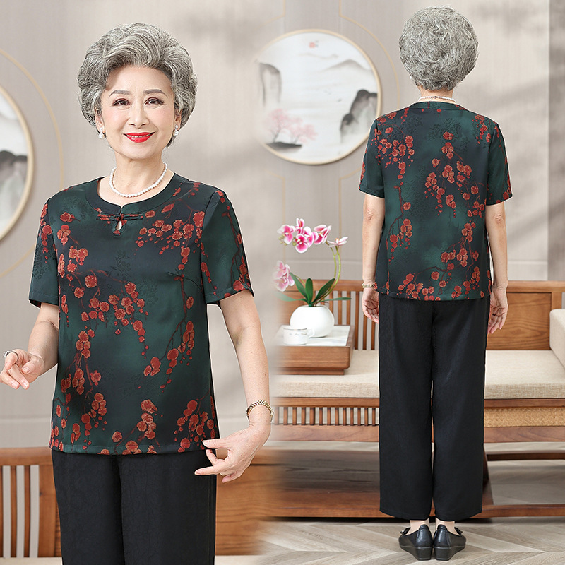 Middle-Aged and Elderly Women's Dress Summer Fashion T-shirt Middle-Aged Women Breathable Short Sleeve Loose New Grandma Top Western Style