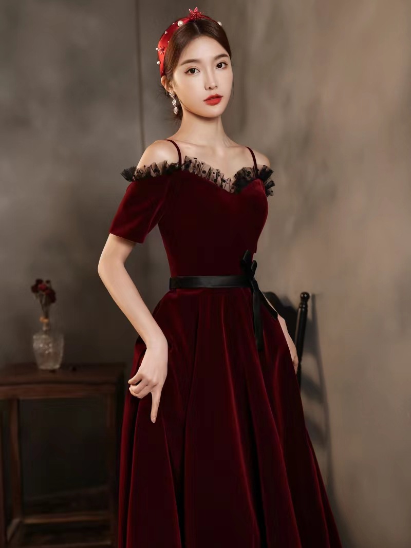 2022新款高端酒红色新娘敬酒服结婚宴会订婚回门礼服女丝绒长款