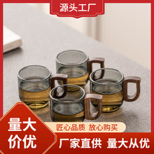 jy@玻璃小茶杯家用功夫茶具用品耐热防烫带胡桃木把手轻奢品