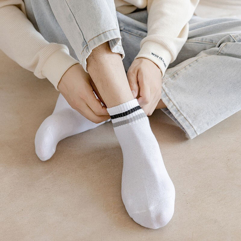 白袜5/10双简约百搭船袜袜子男夏季短袜薄款学生色条纹吸汗防臭