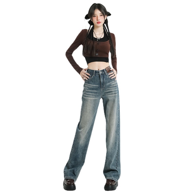 Retro Distressed Straight Jeans for Women 2023 Autumn New High Waist Loose and Slimming Wide Leg Mop Pants Fashion