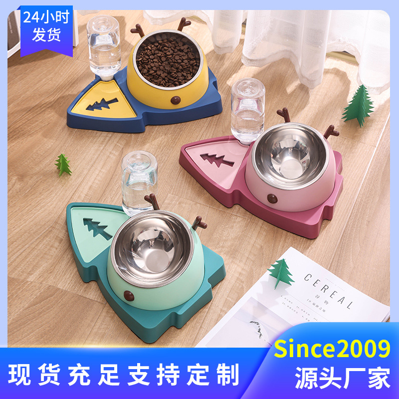 Cute Three-in-One Christmas Tree Stainless Steel Pet Bowl Cat Bowl Dog Bowl Neck Protection Feeder Dual-Purpose Automatic Drinking Plastic