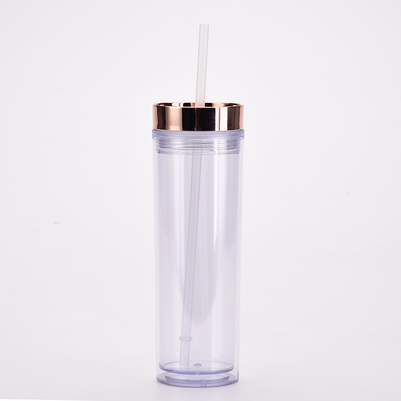 Spot Goods 16Oz Double Plastic Straw Cup Simple Skinny Straight Tube Can Be Set Rose Gold Plating Lid Water Cup