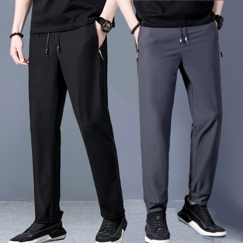 ice silk nylon casual pants men 2023 summer stretch straight ankle tied sports trousers business quick-drying pants men